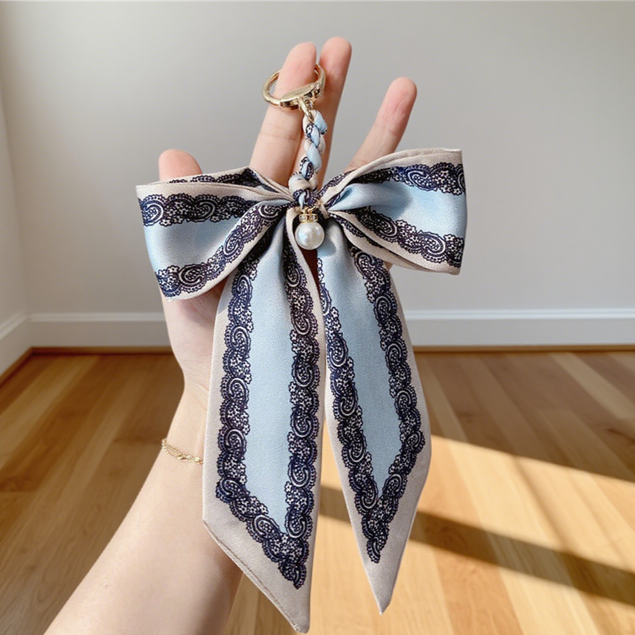 Fashion Silk Scarf Pearl Bow Bag Accessories Keychain
