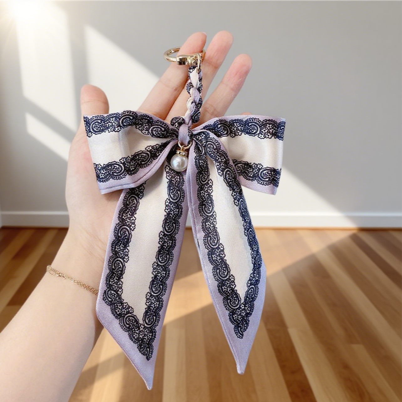 Fashion Silk Scarf Pearl Bow Bag Accessories Keychain