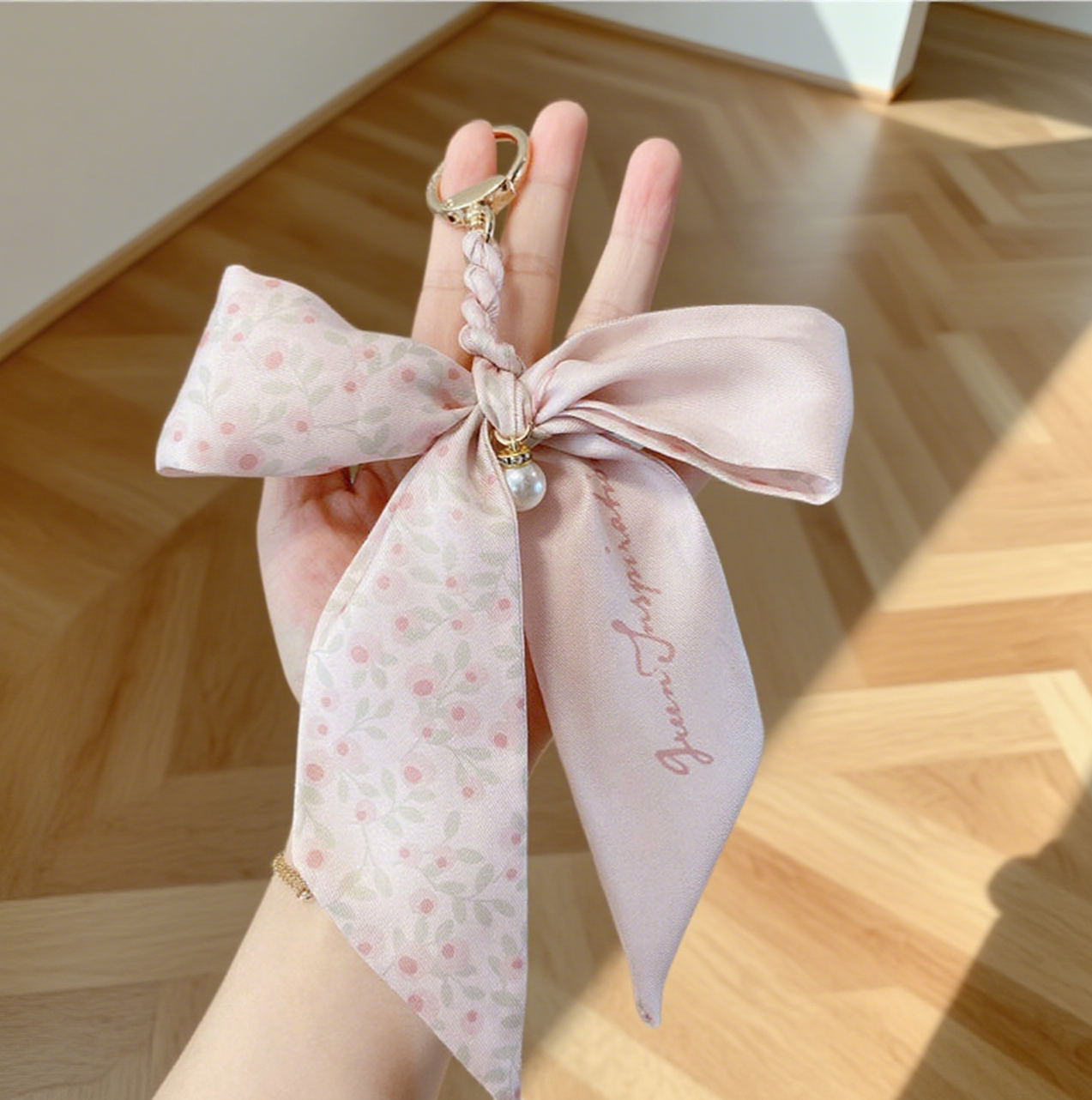 Fashion Silk Scarf Pearl Bow Bag Accessories Keychain