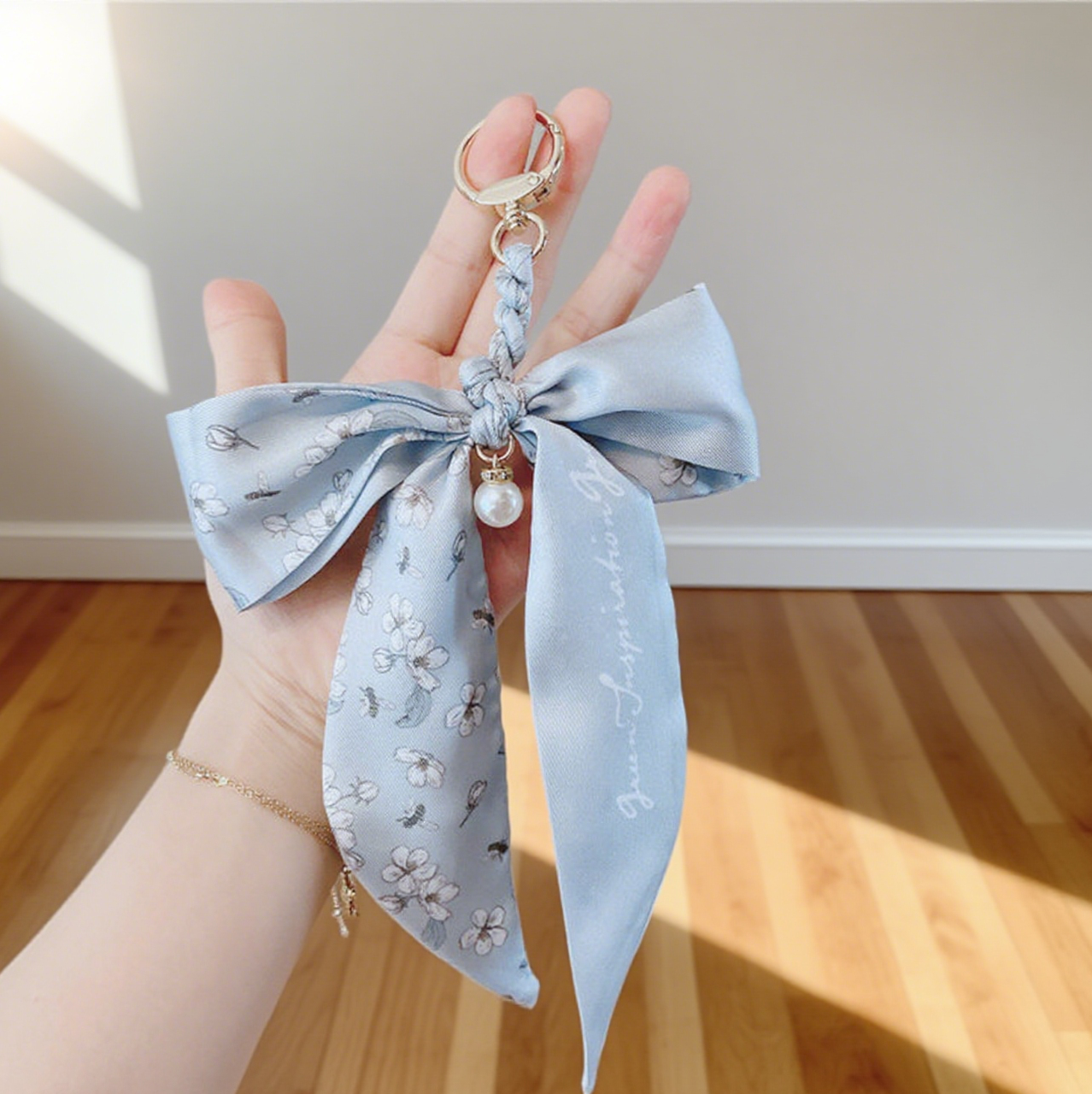 Fashion Silk Scarf Pearl Bow Bag Accessories Keychain