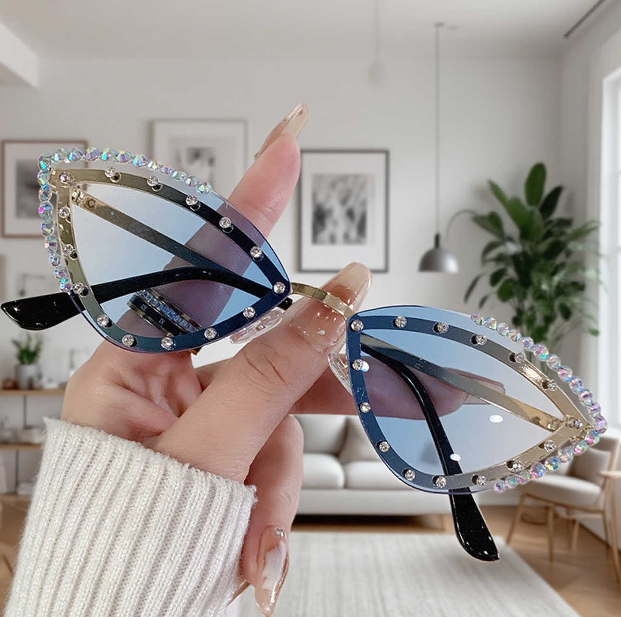 Cat-Eye Diamond-Encrusted Trendy Sunglasses