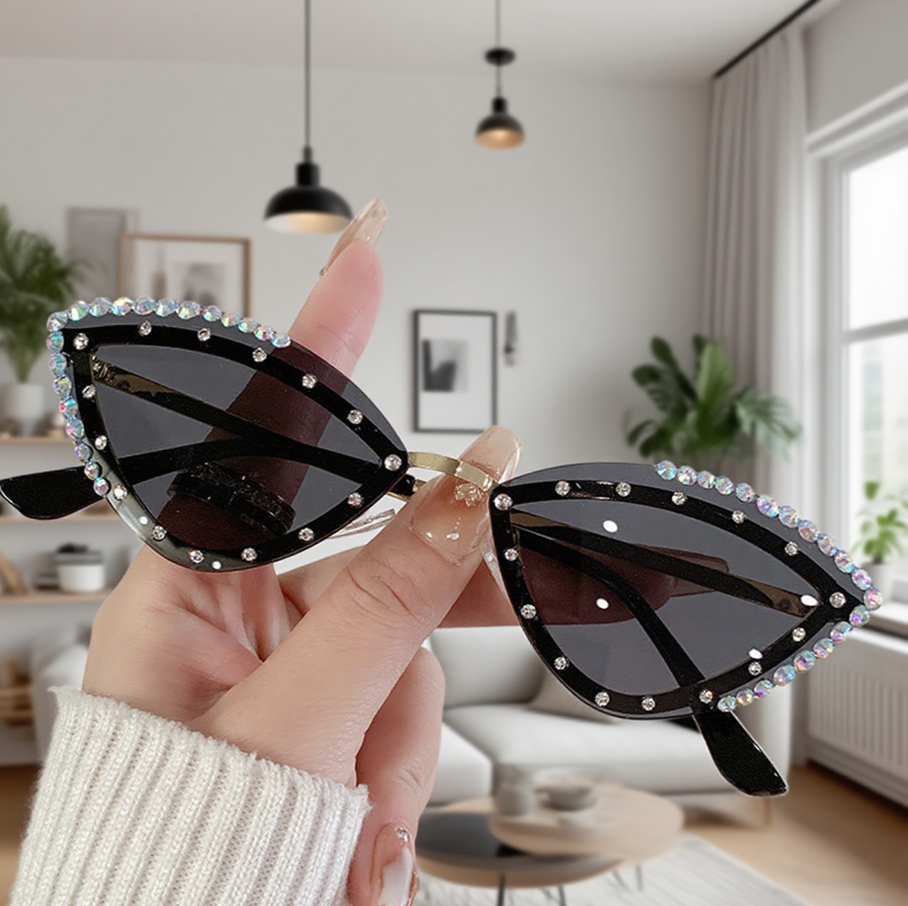 Cat-Eye Diamond-Encrusted Trendy Sunglasses