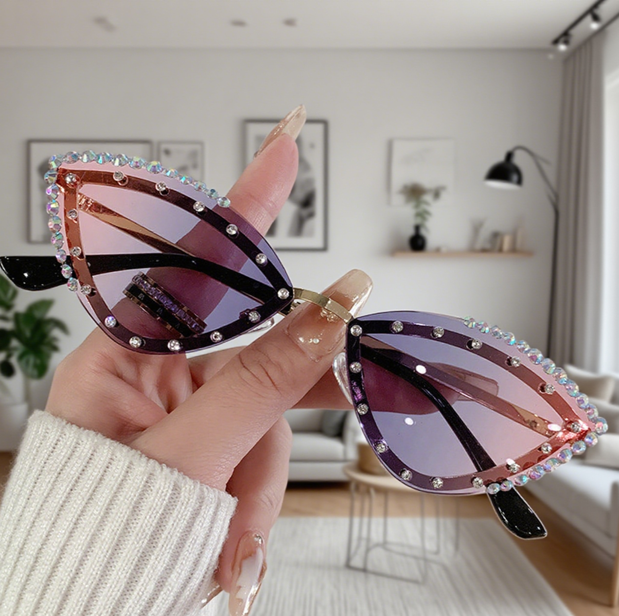 Cat-Eye Diamond-Encrusted Trendy Sunglasses