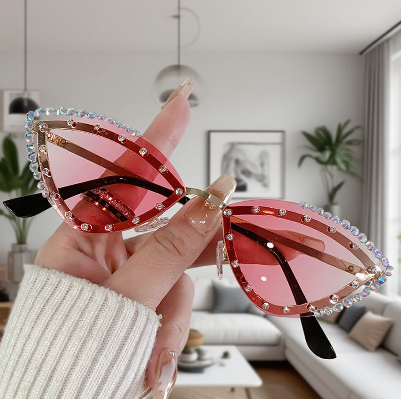 Cat-Eye Diamond-Encrusted Trendy Sunglasses