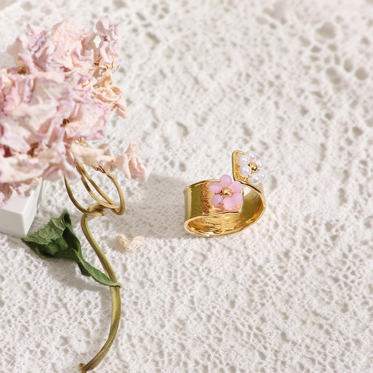 Beaded Pearl Flower Open Ring