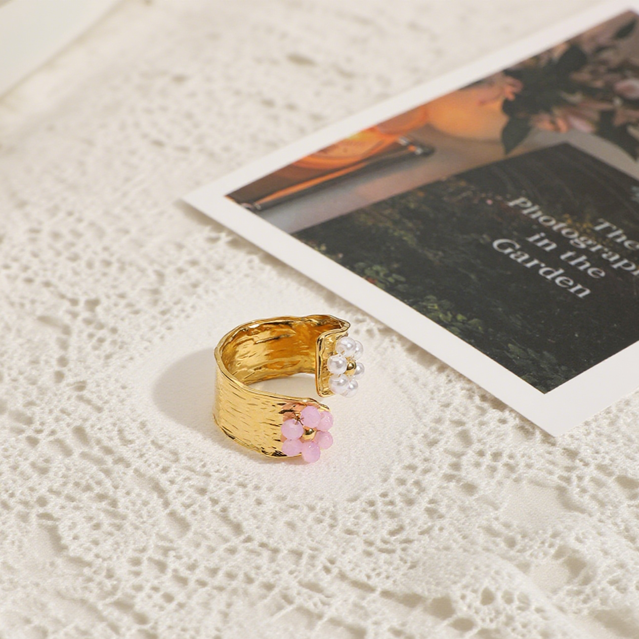 Beaded Pearl Flower Open Ring