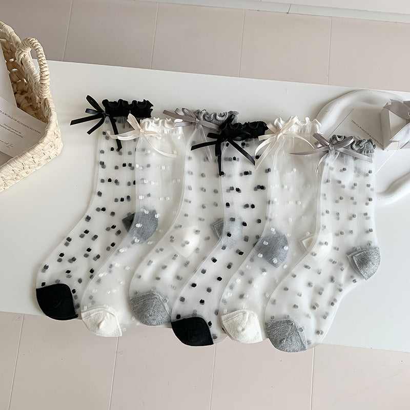 Sweet Bow Polka Dot Mesh Sheer Socks