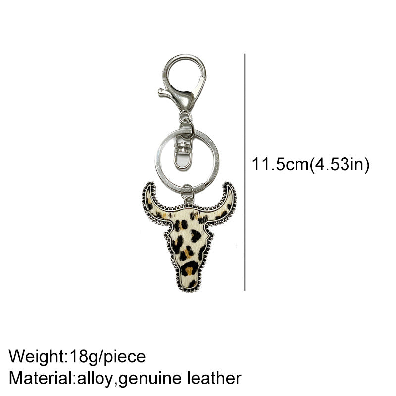 Western-Style Leopard Print Bull Head Keychain