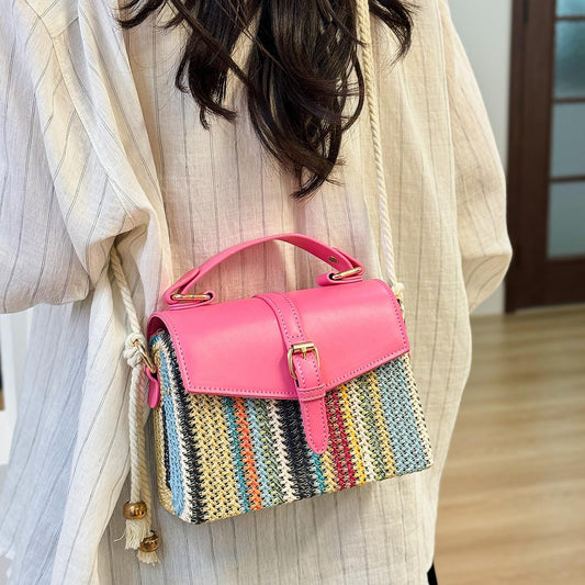 Beach coloured striped straw crossbody bag
