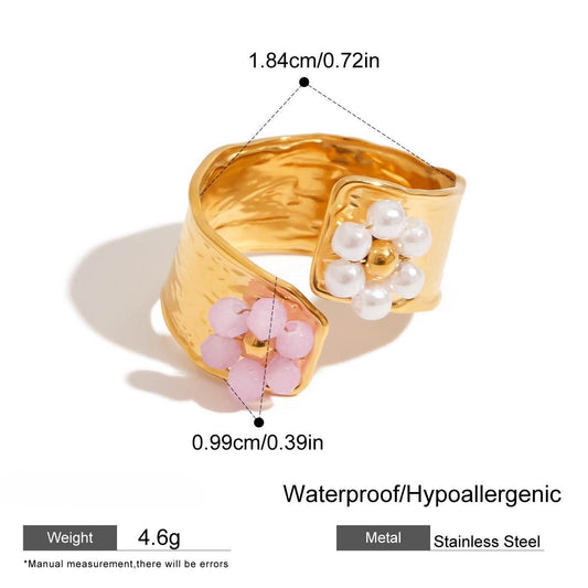 Beaded Pearl Flower Open Ring